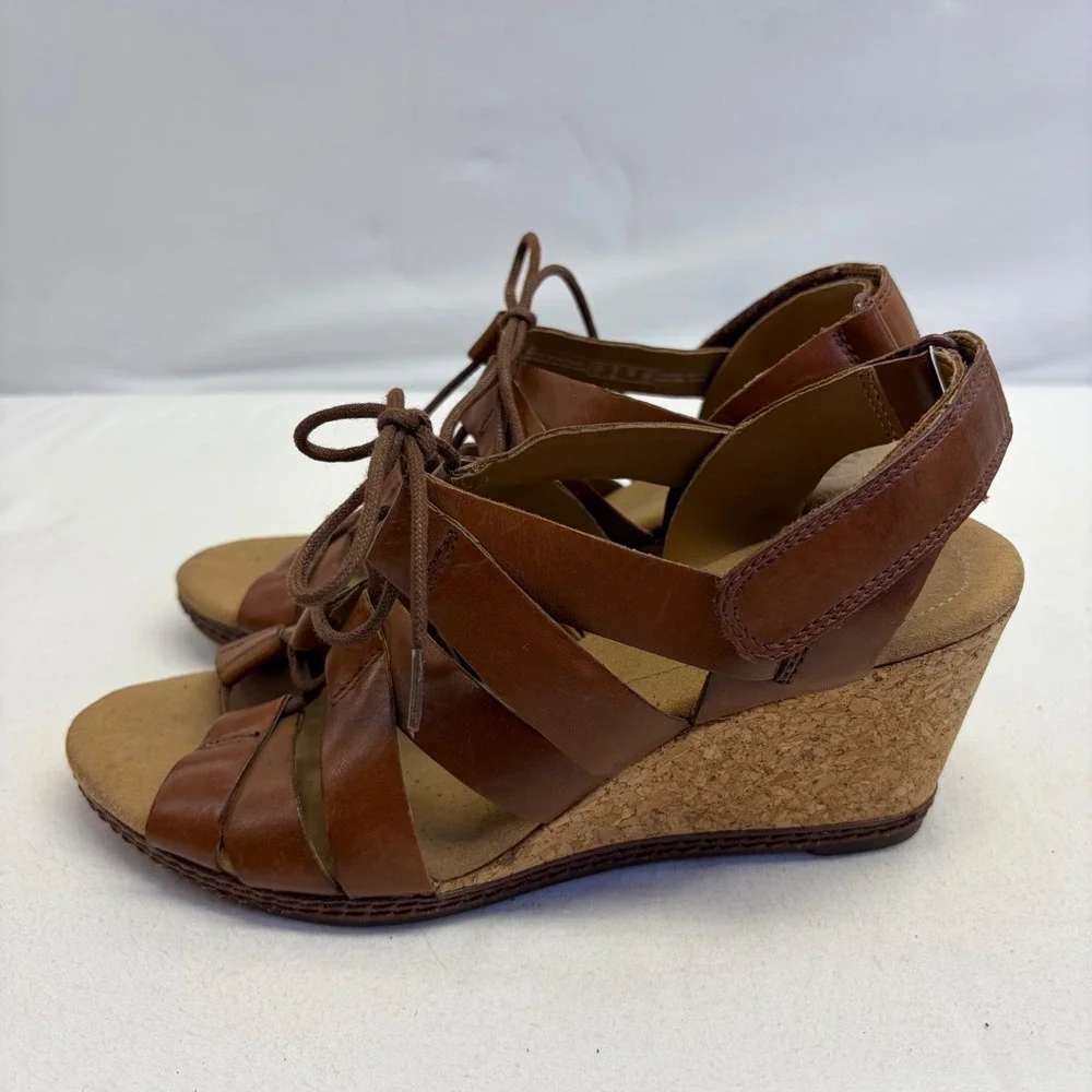 Clarks Collection Wedge Sandals Womens Size 8 Brown Leather Lace Up Cork Comfort
